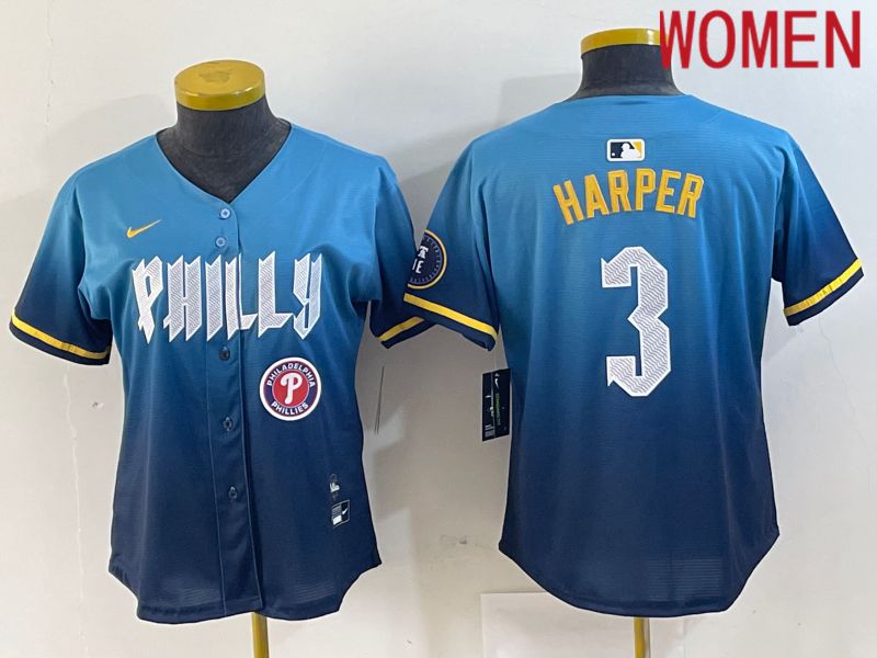 Women Philadelphia Philies 3 Bryce Harper Nike Blue 2024 City Connect Limited Player Jersey style 7